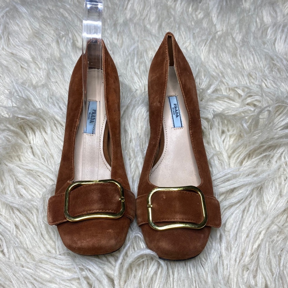 PRADA Suede Gold Pilgrim Buckle Platform Pumps Shoes